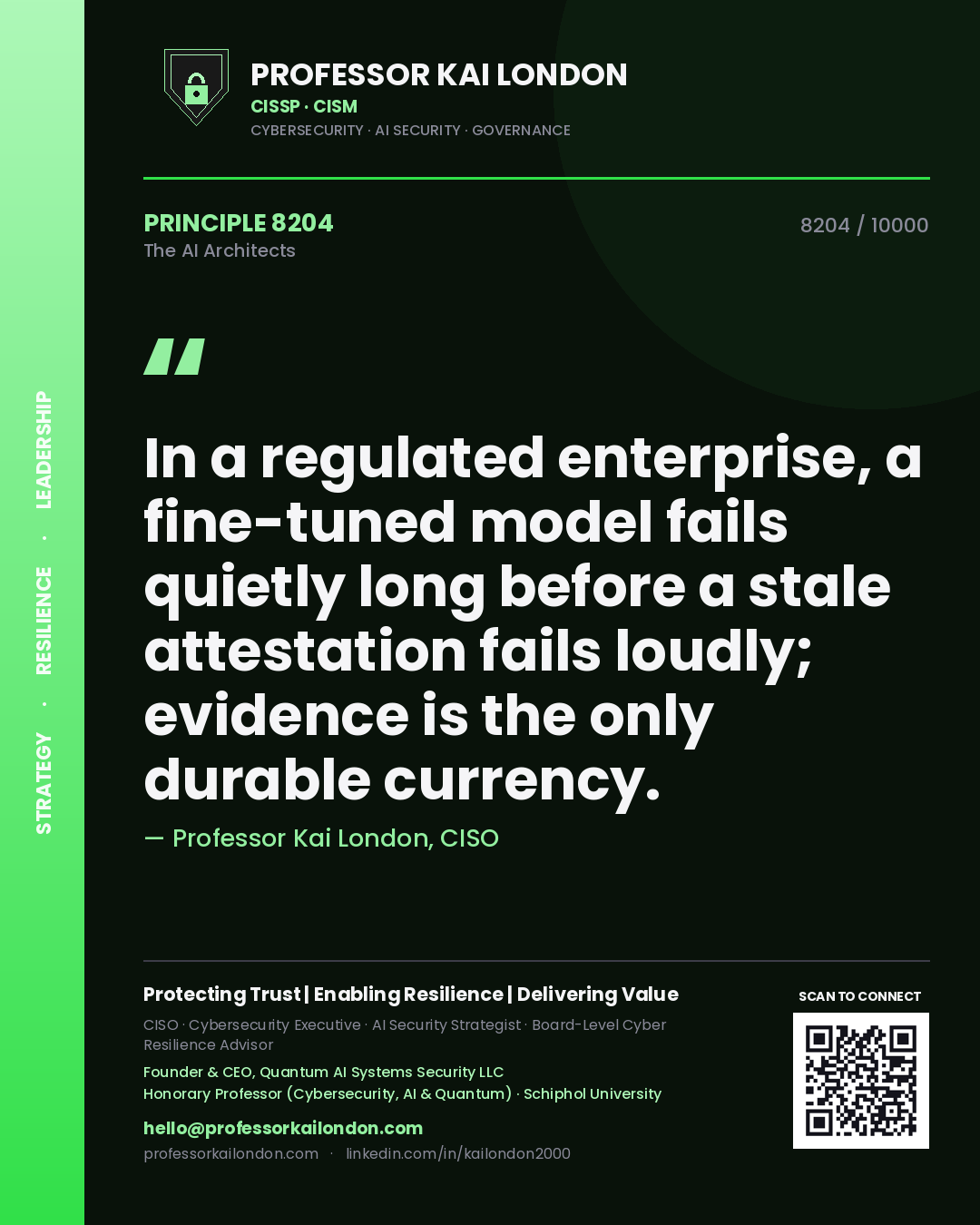 Quote card by Professor Kai London reading 'In a regulated enterprise, a fine-tuned model fails quietly long before a stale attestation fails loudly; evidence is the only durable currency.'. From the book The AI Architects.
