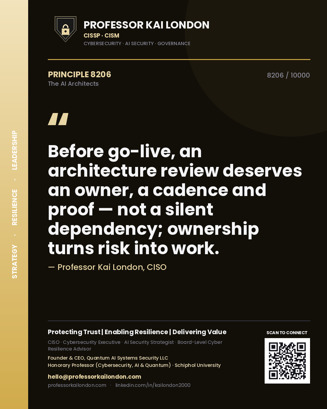 Quote card by Professor Kai London reading 'Before go-live, an architecture review deserves an owner, a cadence and proof — not a silent dependency; ownership turns risk into work.'. From the book The AI Architects.