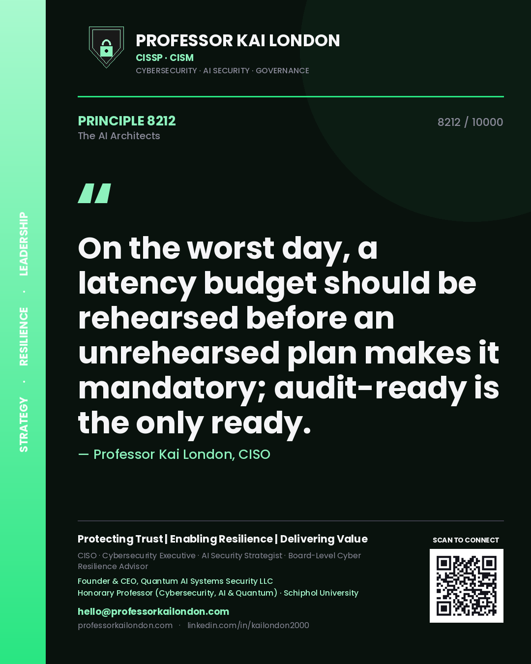 Quote card by Professor Kai London reading 'On the worst day, a latency budget should be rehearsed before an unrehearsed plan makes it mandatory; audit-ready is the only ready.'. From the book The AI Architects.