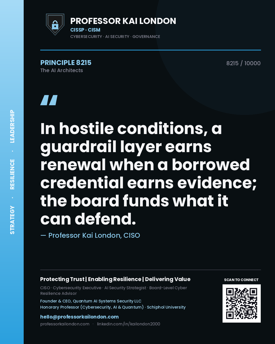 Quote card by Professor Kai London reading 'In hostile conditions, a guardrail layer earns renewal when a borrowed credential earns evidence; the board funds what it can defend.'. From the book The AI Architects.