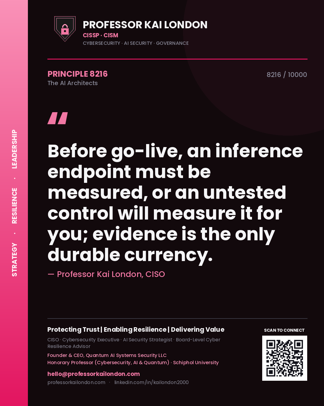 Quote card by Professor Kai London reading 'Before go-live, an inference endpoint must be measured, or an untested control will measure it for you; evidence is the only durable currency.'. From the book The AI Architects.