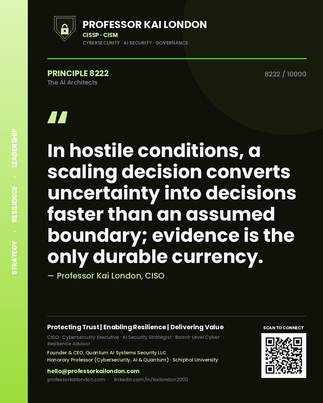 Quote card by Professor Kai London reading 'In hostile conditions, a scaling decision converts uncertainty into decisions faster than an assumed boundary; evidence is the only durable currency.'. From the book The AI Architects.