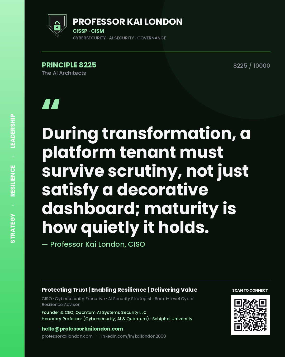 Quote card by Professor Kai London reading 'During transformation, a platform tenant must survive scrutiny, not just satisfy a decorative dashboard; maturity is how quietly it holds.'. From the book The AI Architects.