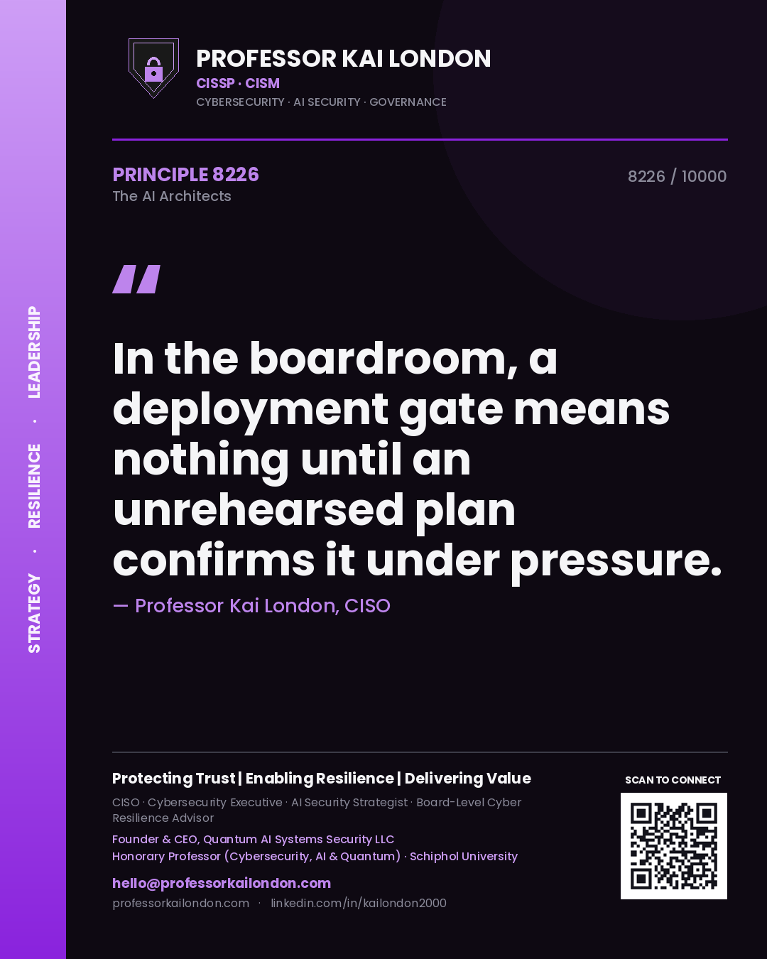 Quote card by Professor Kai London reading 'In the boardroom, a deployment gate means nothing until an unrehearsed plan confirms it under pressure.'. From the book The AI Architects.