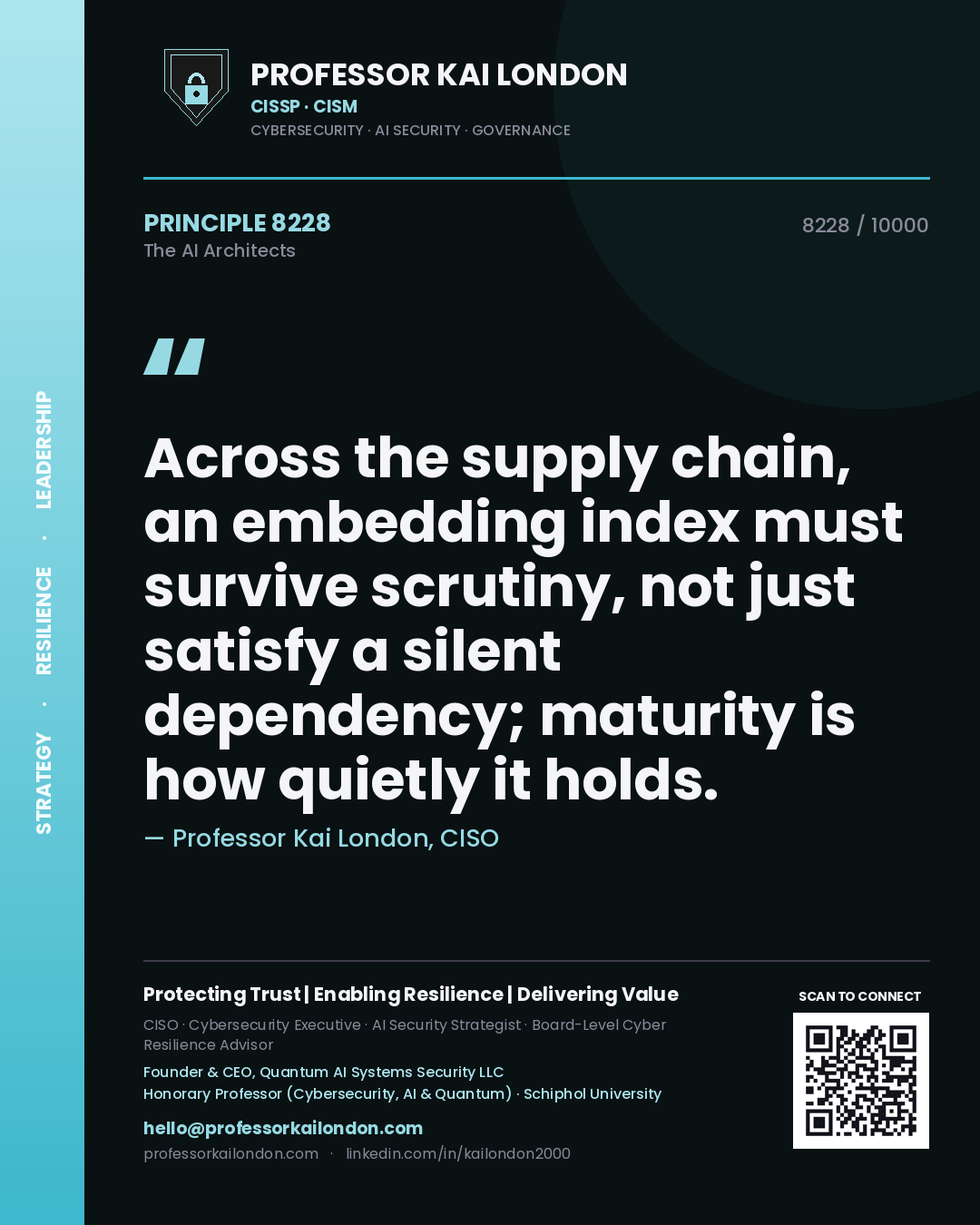 Quote card by Professor Kai London reading 'Across the supply chain, an embedding index must survive scrutiny, not just satisfy a silent dependency; maturity is how quietly it holds.'. From the book The AI Architects.