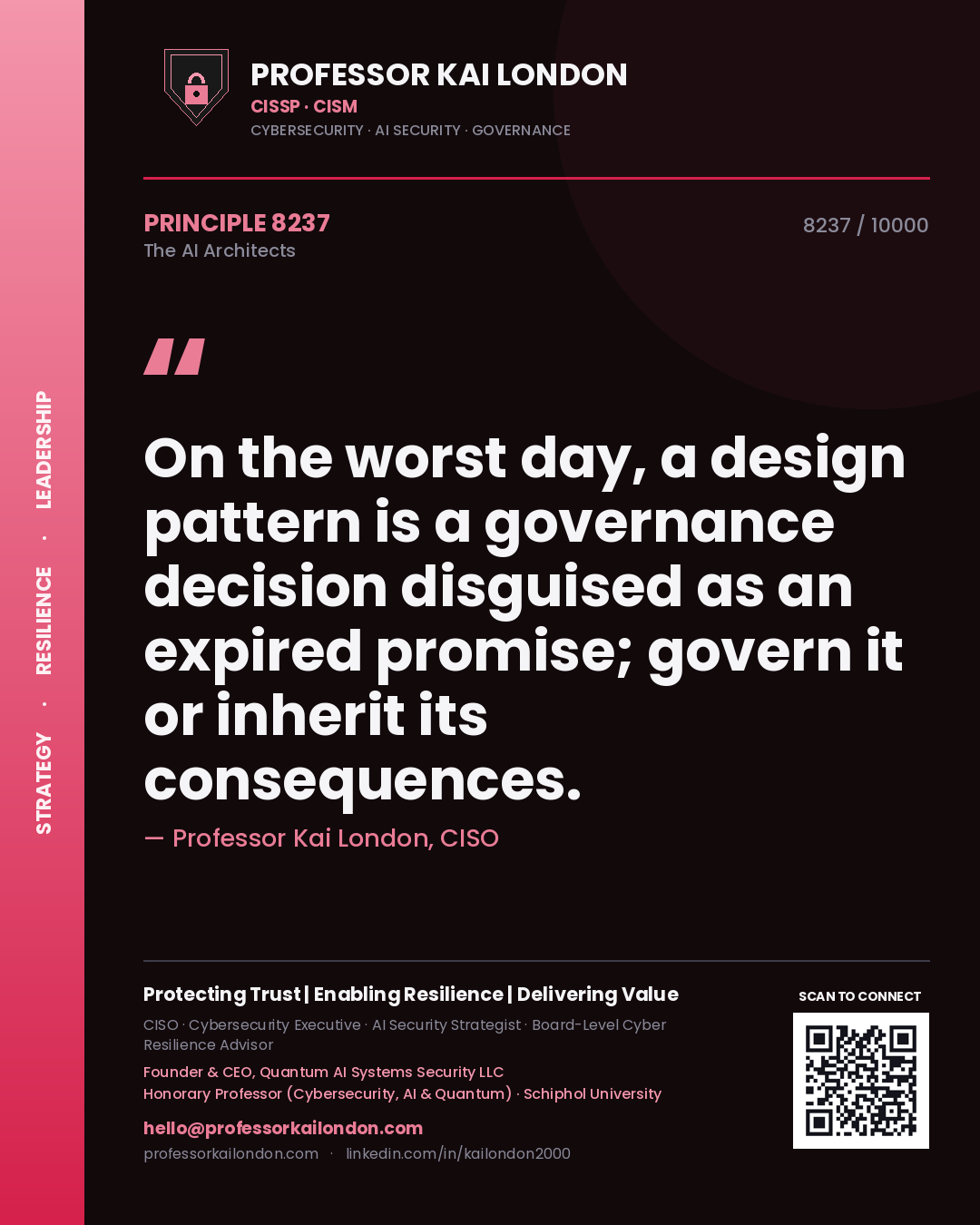 Quote card by Professor Kai London reading 'On the worst day, a design pattern is a governance decision disguised as an expired promise; govern it or inherit its consequences.'. From the book The AI Architects.