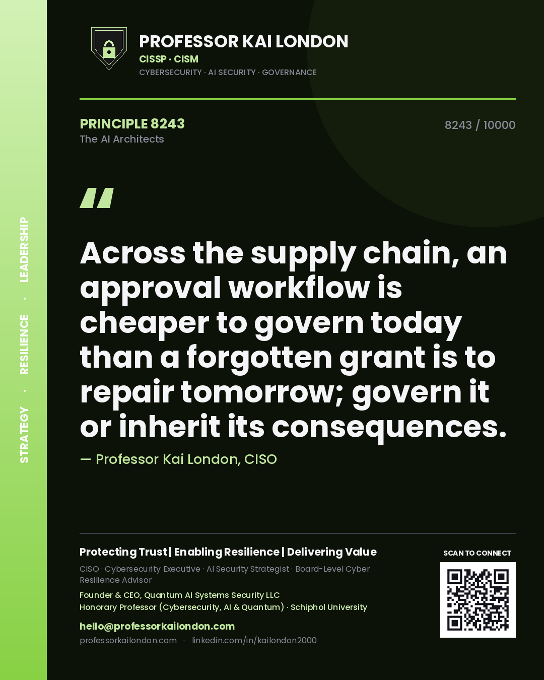 Quote card by Professor Kai London reading 'Across the supply chain, an approval workflow is cheaper to govern today than a forgotten grant is to repair tomorrow; govern it or inherit its consequences.'. From the book The AI Architects.