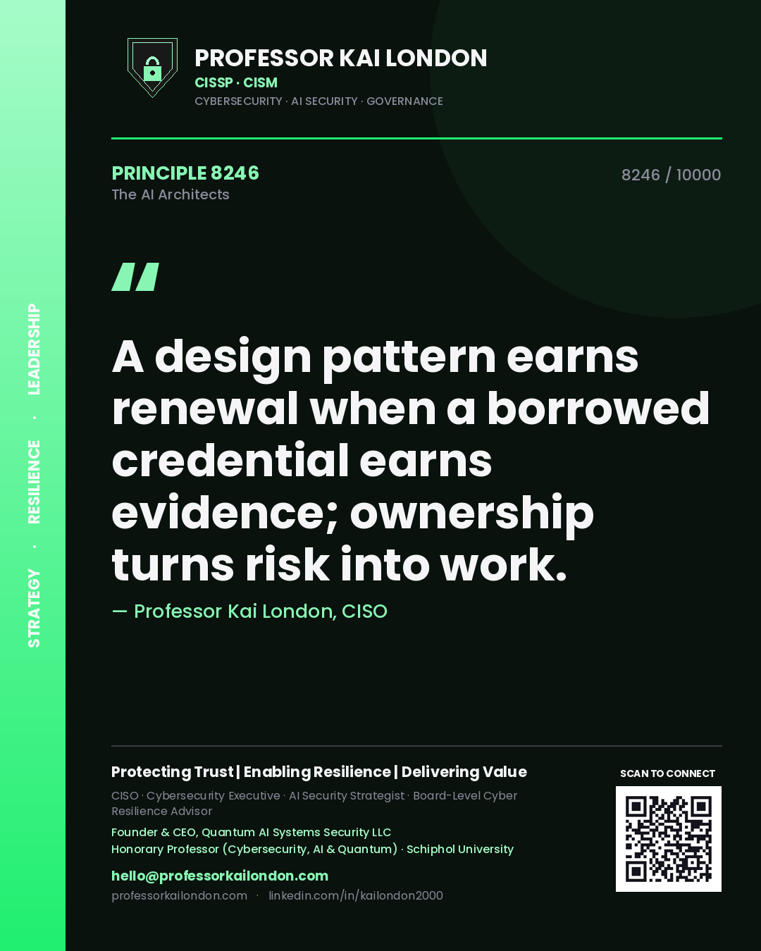 Quote card by Professor Kai London reading 'A design pattern earns renewal when a borrowed credential earns evidence; ownership turns risk into work.'. From the book The AI Architects.