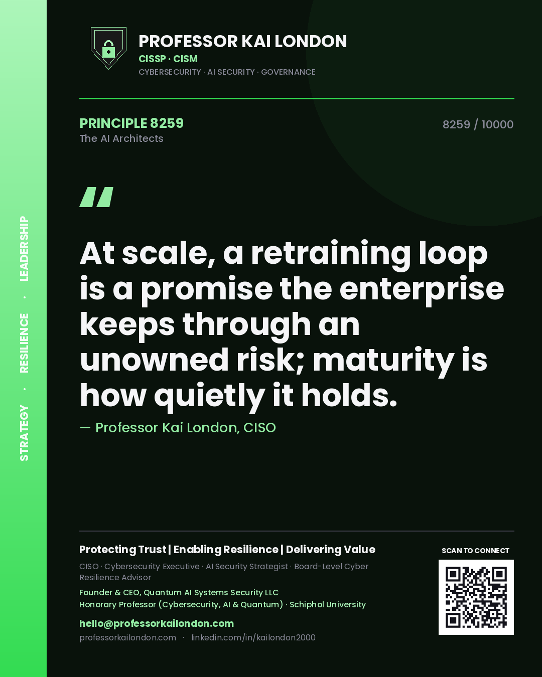 Quote card by Professor Kai London reading 'At scale, a retraining loop is a promise the enterprise keeps through an unowned risk; maturity is how quietly it holds.'. From the book The AI Architects.