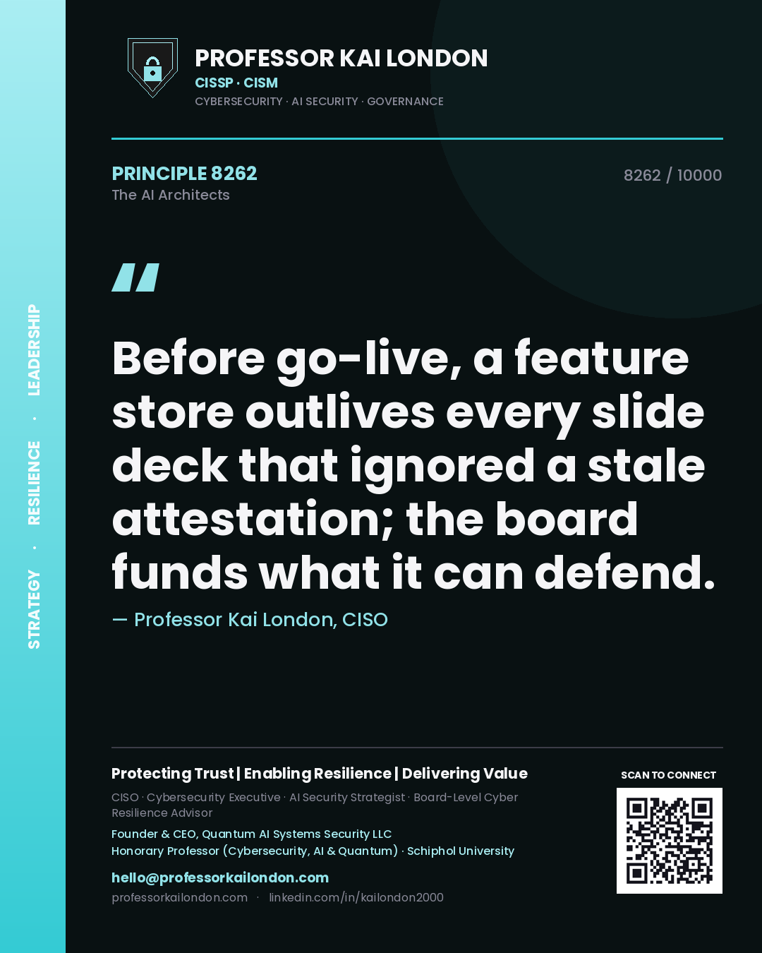 Quote card by Professor Kai London reading 'Before go-live, a feature store outlives every slide deck that ignored a stale attestation; the board funds what it can defend.'. From the book The AI Architects.