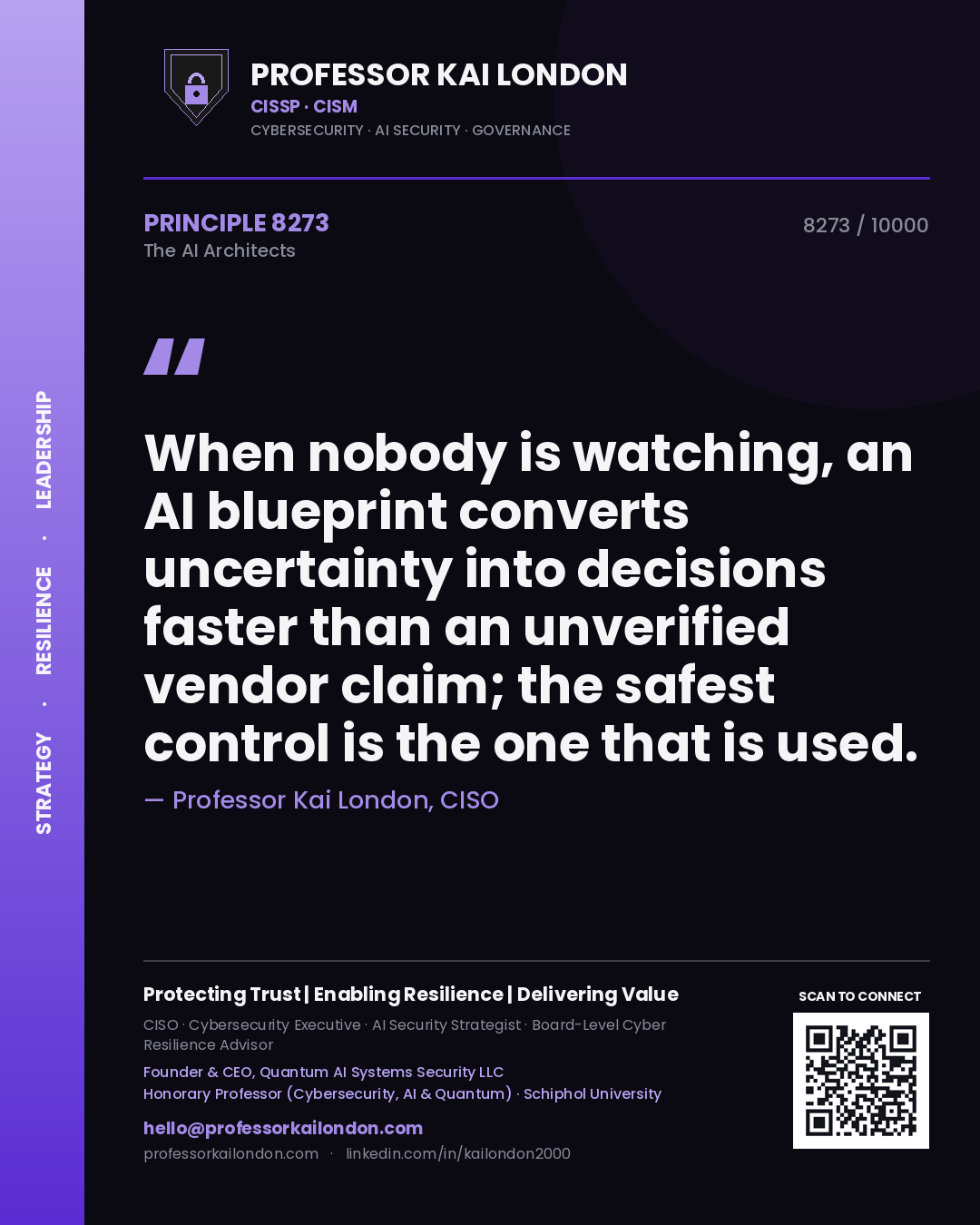 Quote card by Professor Kai London reading 'When nobody is watching, an AI blueprint converts uncertainty into decisions faster than an unverified vendor claim; the safest control is the one that is used.'. From the book The AI Architects.