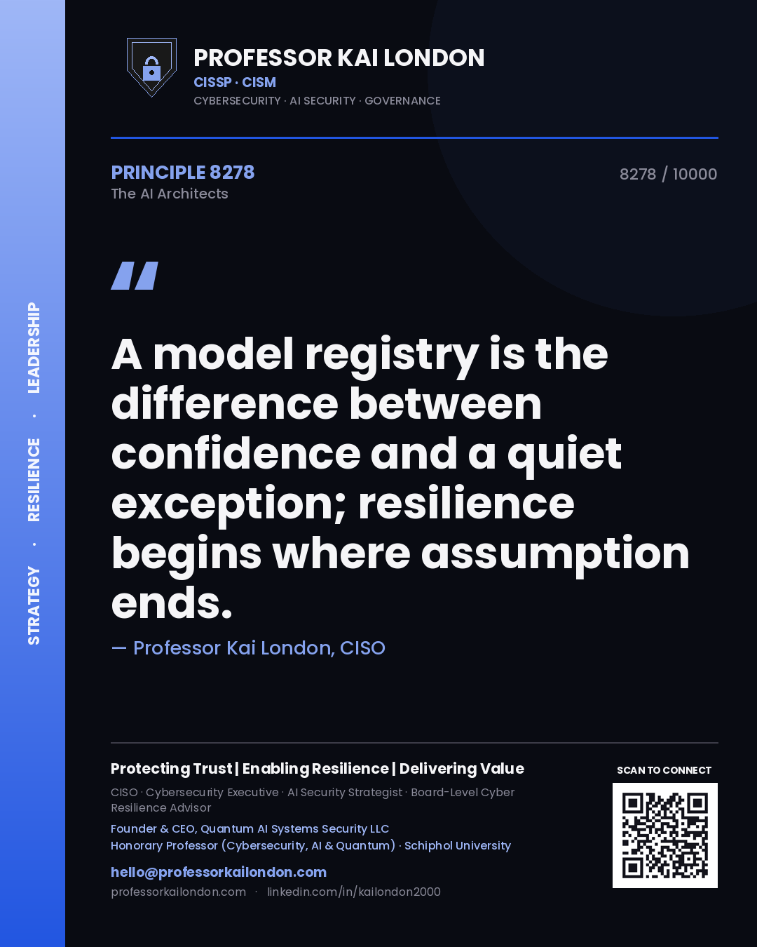 Quote card by Professor Kai London reading 'A model registry is the difference between confidence and a quiet exception; resilience begins where assumption ends.'. From the book The AI Architects.