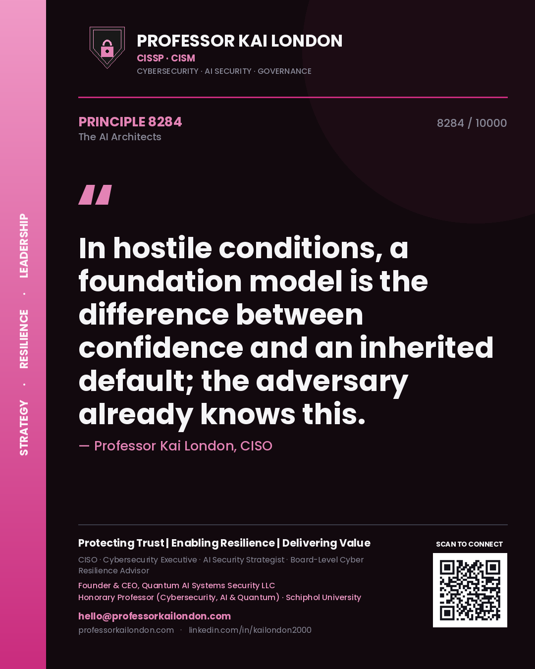 Quote card by Professor Kai London reading 'In hostile conditions, a foundation model is the difference between confidence and an inherited default; the adversary already knows this.'. From the book The AI Architects.