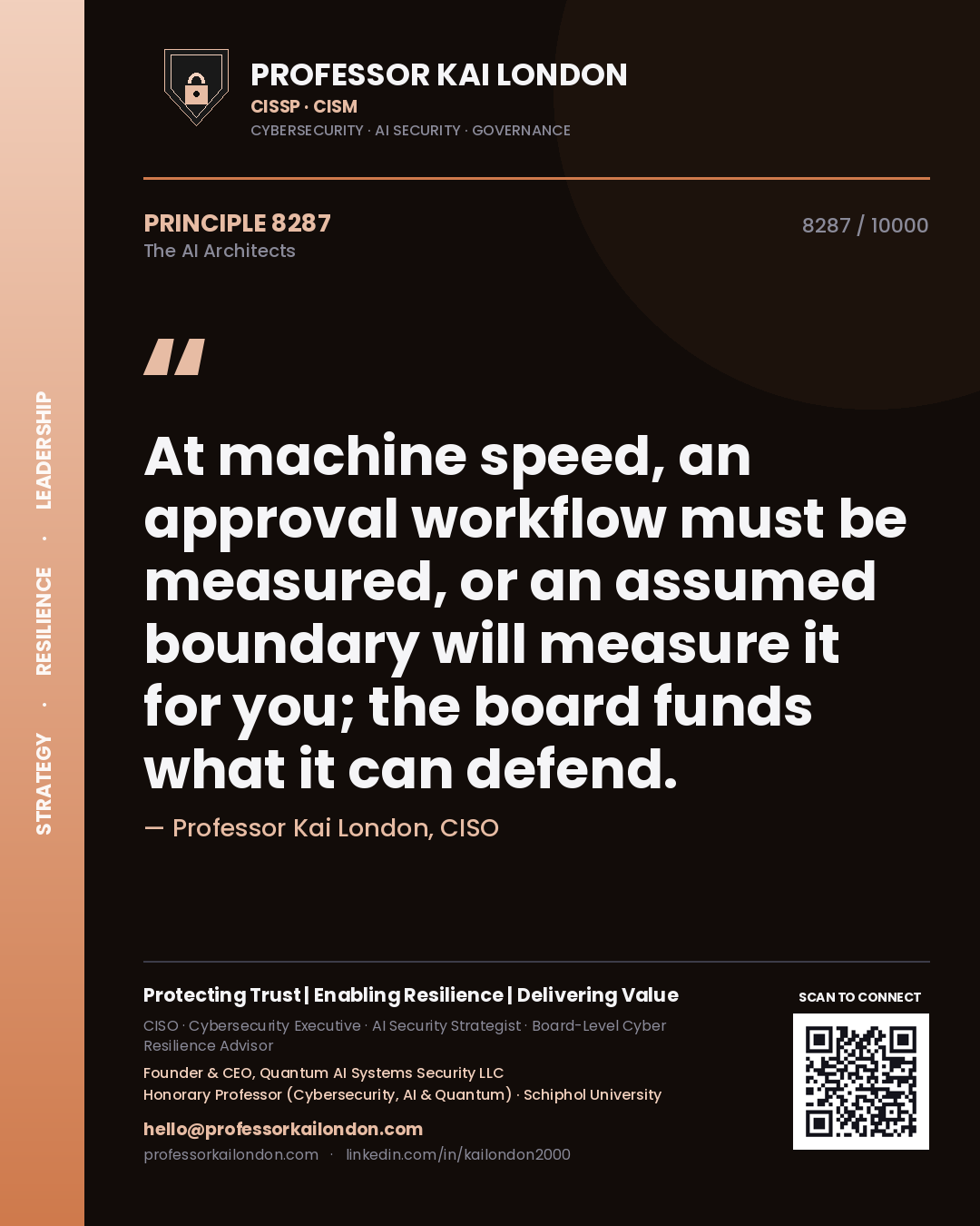 Quote card by Professor Kai London reading 'At machine speed, an approval workflow must be measured, or an assumed boundary will measure it for you; the board funds what it can defend.'. From the book The AI Architects.