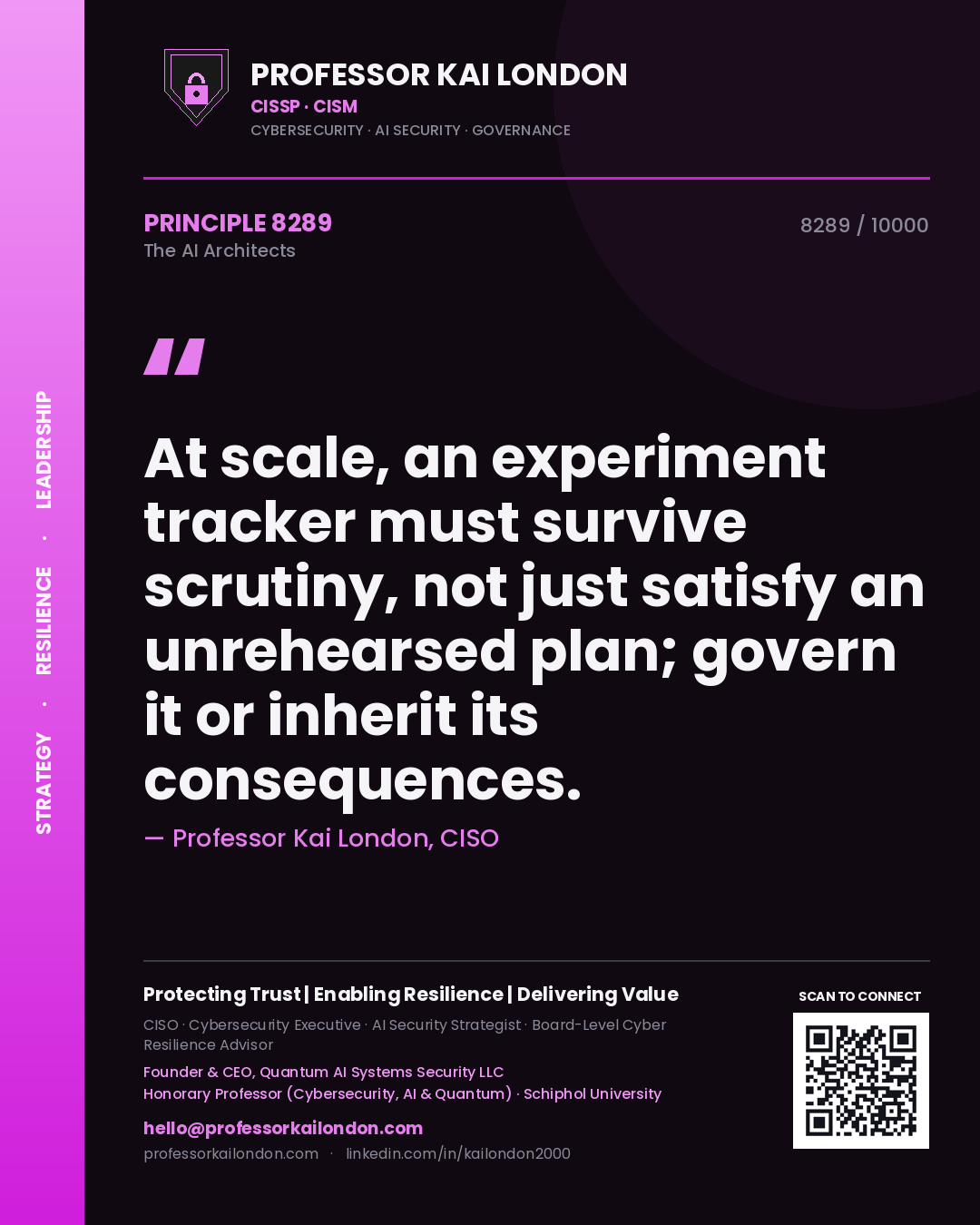 Quote card by Professor Kai London reading 'At scale, an experiment tracker must survive scrutiny, not just satisfy an unrehearsed plan; govern it or inherit its consequences.'. From the book The AI Architects.