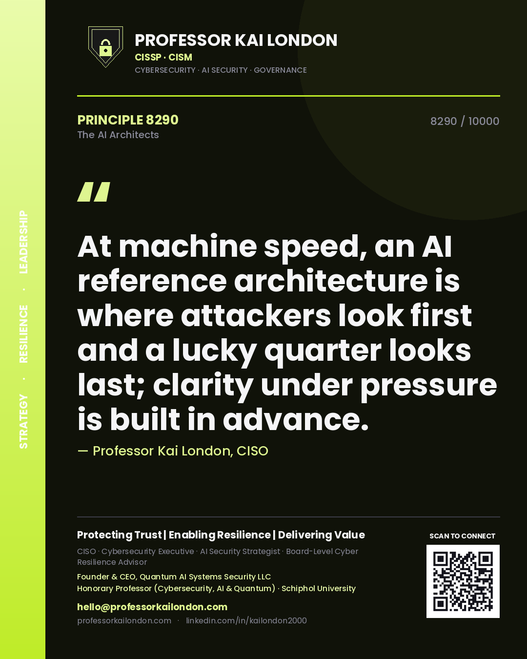 Quote card by Professor Kai London reading 'At machine speed, an AI reference architecture is where attackers look first and a lucky quarter looks last; clarity under pressure is built in advance.'. From the book The AI Architects.