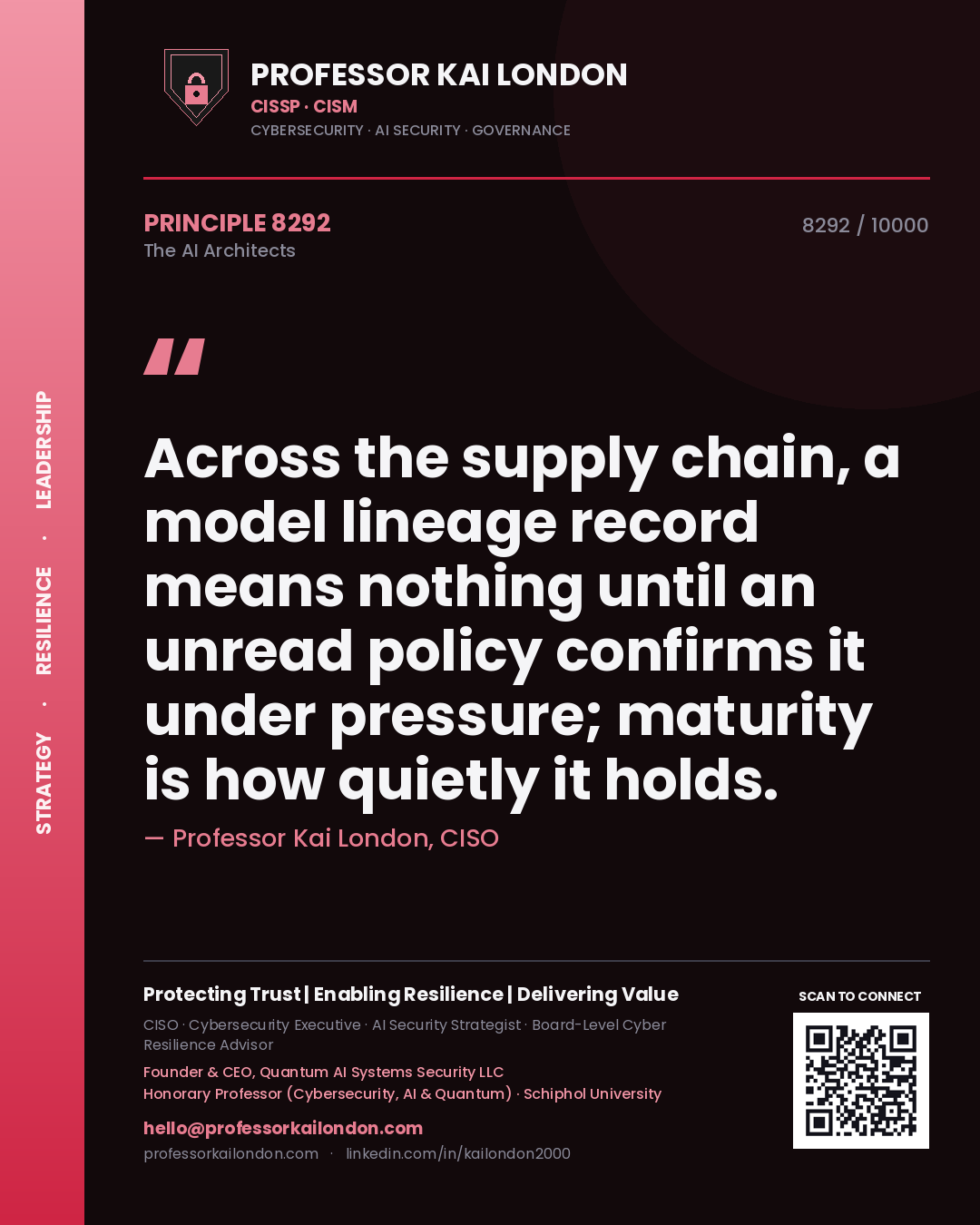 Quote card by Professor Kai London reading 'Across the supply chain, a model lineage record means nothing until an unread policy confirms it under pressure; maturity is how quietly it holds.'. From the book The AI Architects.