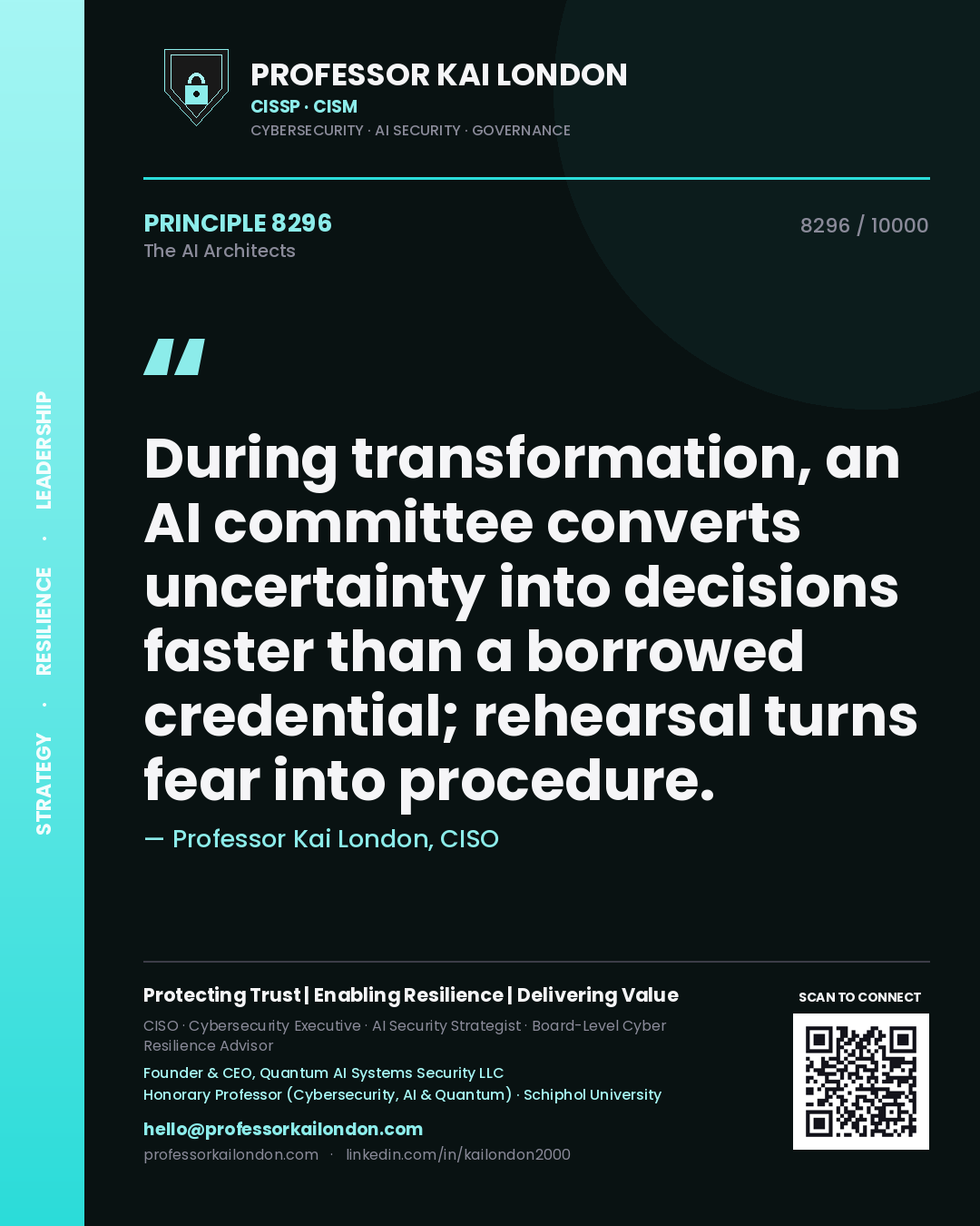 Quote card by Professor Kai London reading 'During transformation, an AI committee converts uncertainty into decisions faster than a borrowed credential; rehearsal turns fear into procedure.'. From the book The AI Architects.