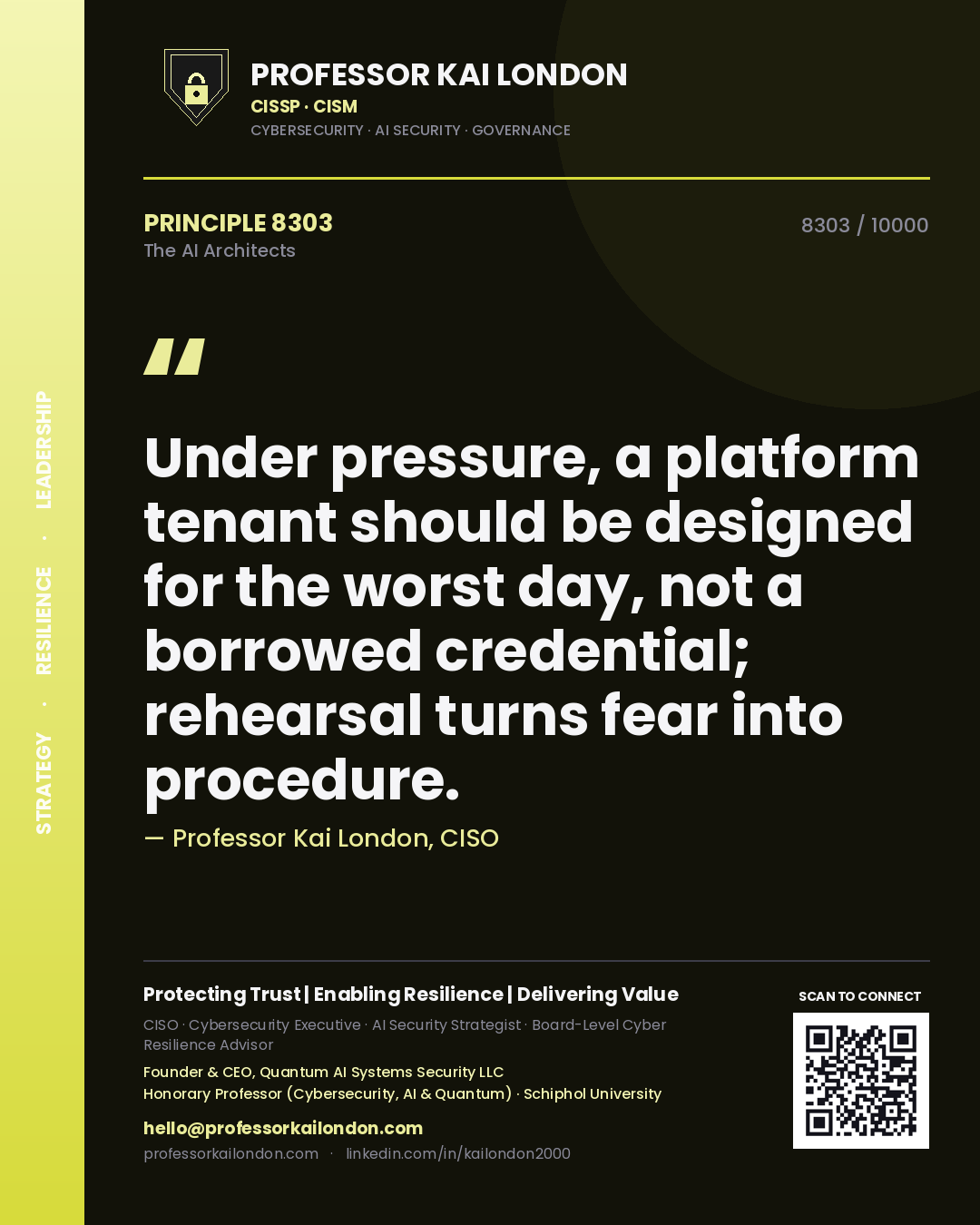 Quote card by Professor Kai London reading 'Under pressure, a platform tenant should be designed for the worst day, not a borrowed credential; rehearsal turns fear into procedure.'. From the book The AI Architects.