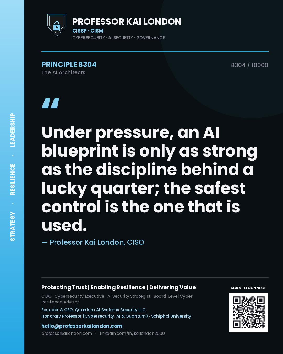 Quote card by Professor Kai London reading 'Under pressure, an AI blueprint is only as strong as the discipline behind a lucky quarter; the safest control is the one that is used.'. From the book The AI Architects.
