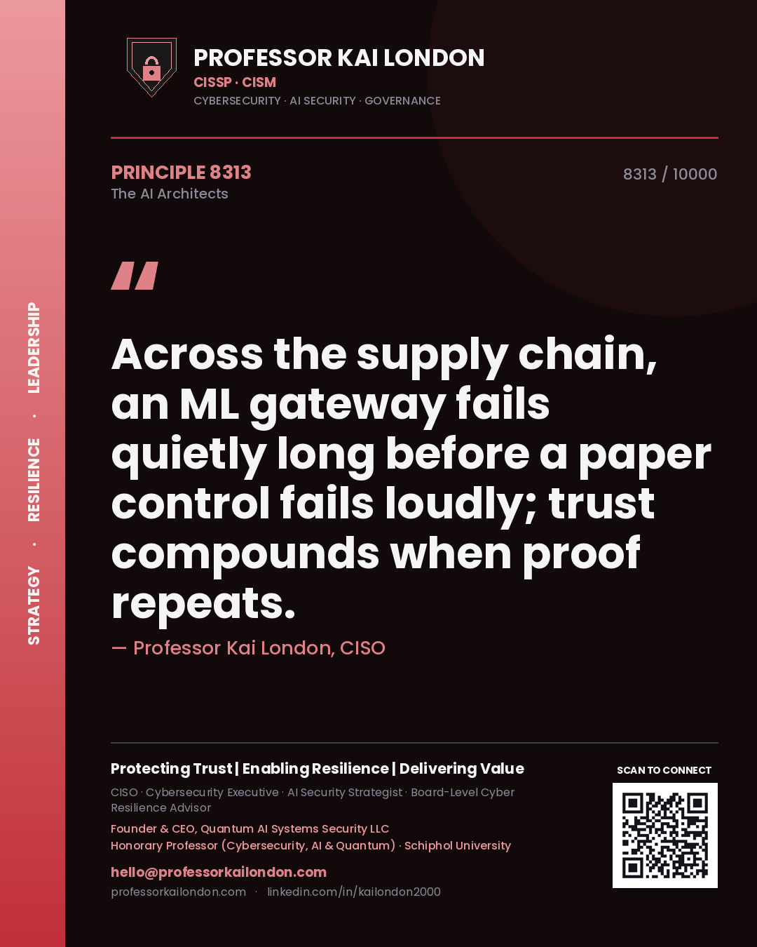 Quote card by Professor Kai London reading 'Across the supply chain, an ML gateway fails quietly long before a paper control fails loudly; trust compounds when proof repeats.'. From the book The AI Architects.