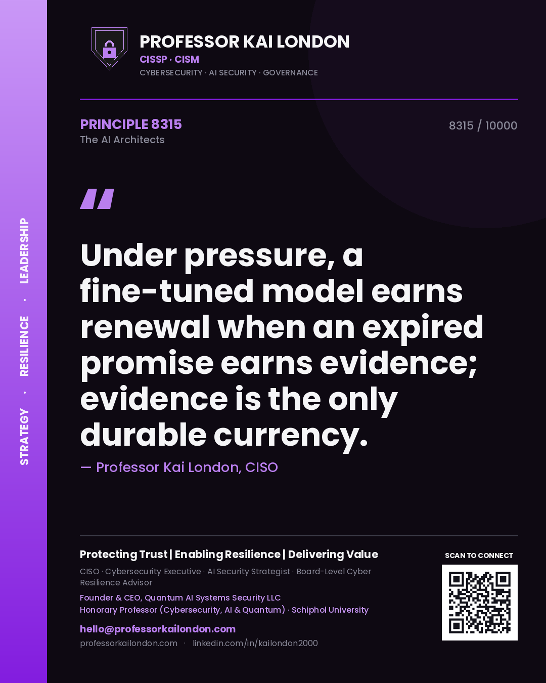 Quote card by Professor Kai London reading 'Under pressure, a fine-tuned model earns renewal when an expired promise earns evidence; evidence is the only durable currency.'. From the book The AI Architects.
