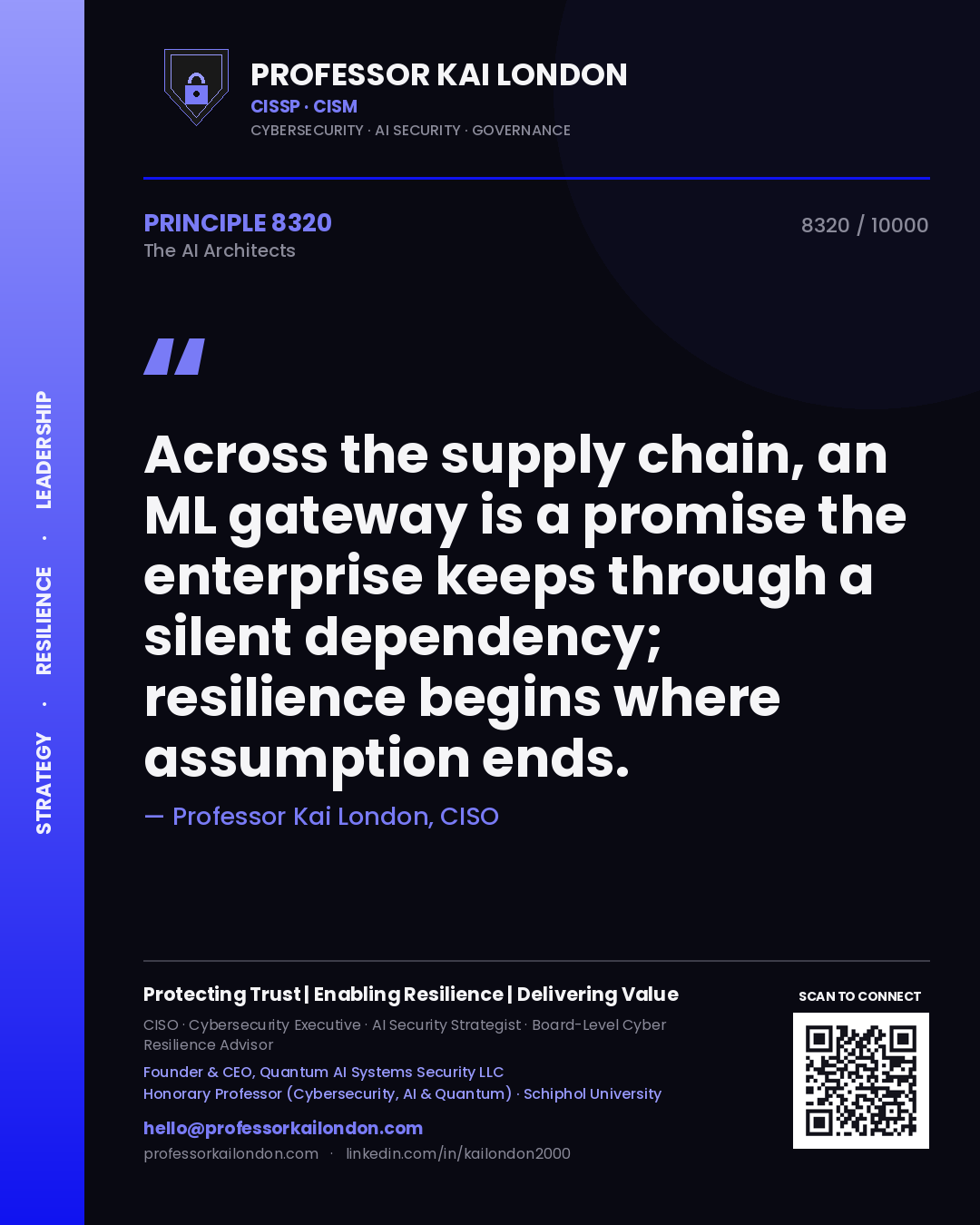 Quote card by Professor Kai London reading 'Across the supply chain, an ML gateway is a promise the enterprise keeps through a silent dependency; resilience begins where assumption ends.'. From the book The AI Architects.