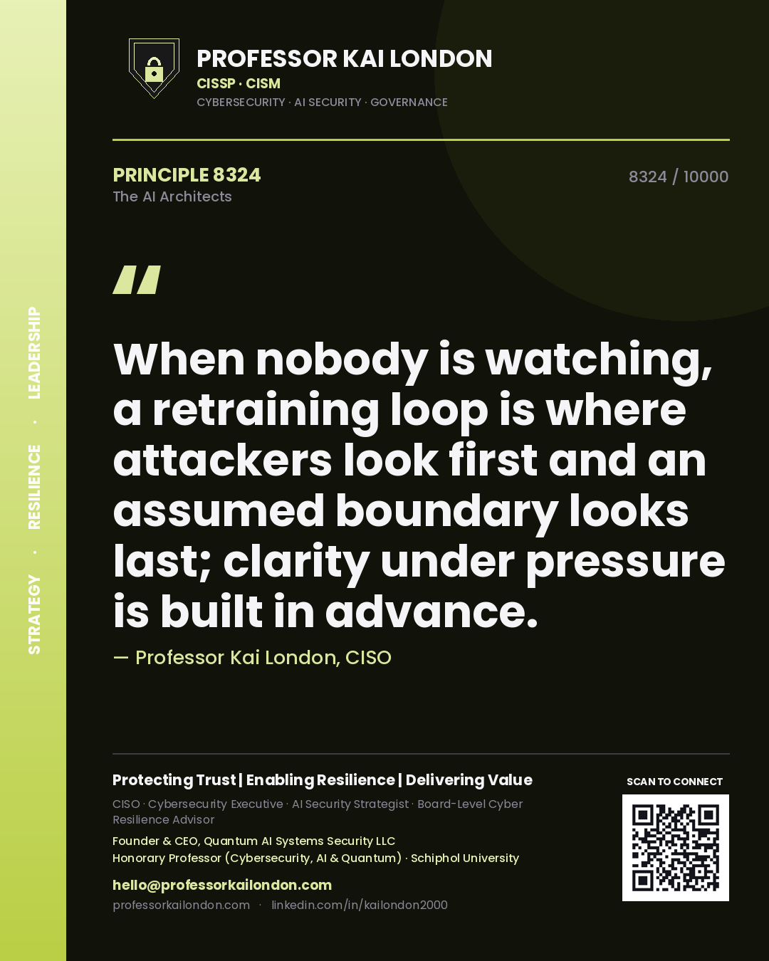 Quote card by Professor Kai London reading 'When nobody is watching, a retraining loop is where attackers look first and an assumed boundary looks last; clarity under pressure is built in advance.'. From the book The AI Architects.