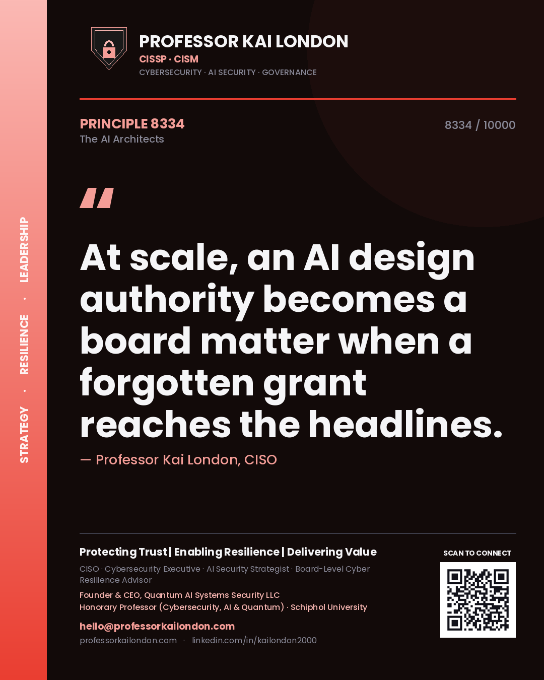 Quote card by Professor Kai London reading 'At scale, an AI design authority becomes a board matter when a forgotten grant reaches the headlines.'. From the book The AI Architects.