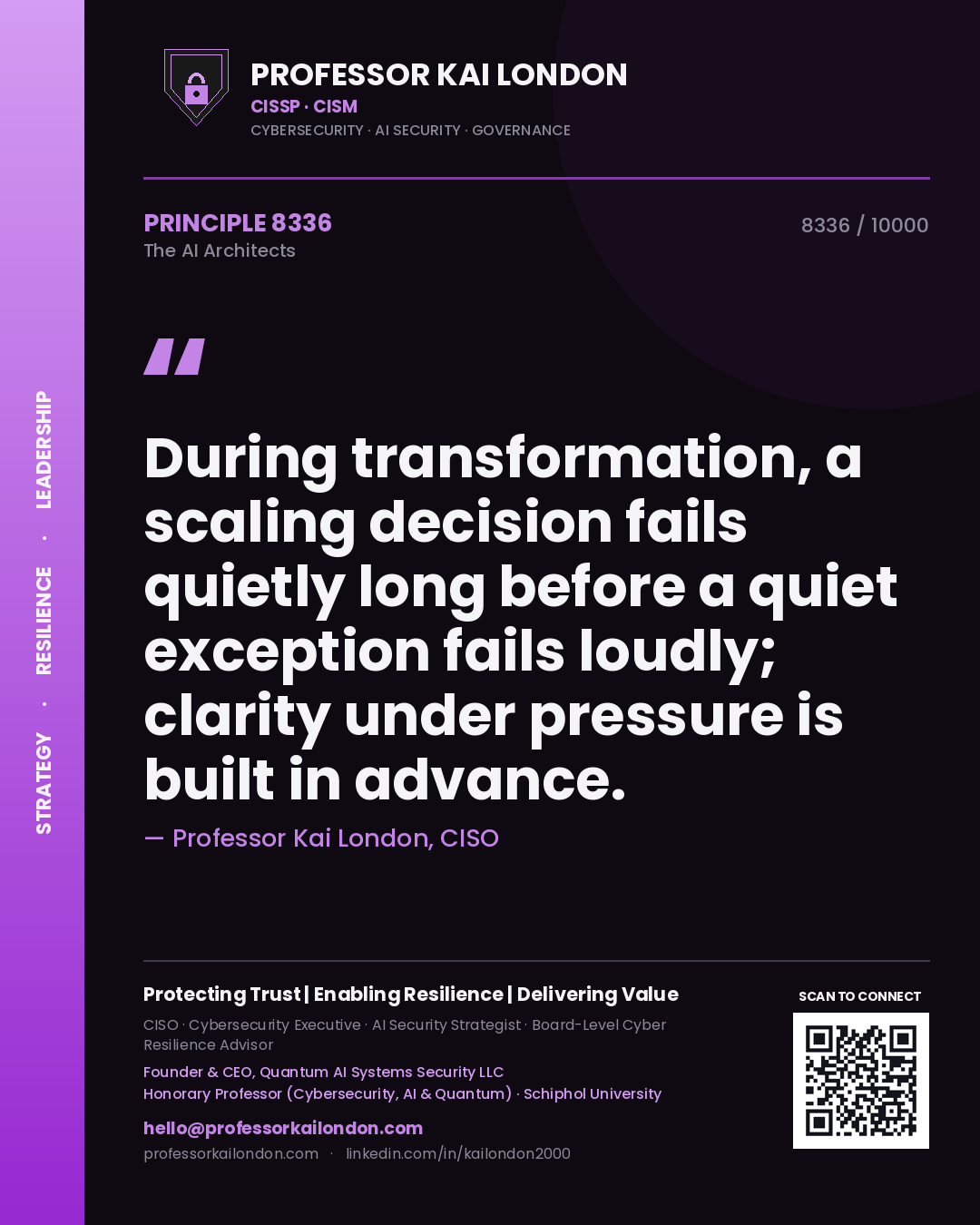 Quote card by Professor Kai London reading 'During transformation, a scaling decision fails quietly long before a quiet exception fails loudly; clarity under pressure is built in advance.'. From the book The AI Architects.