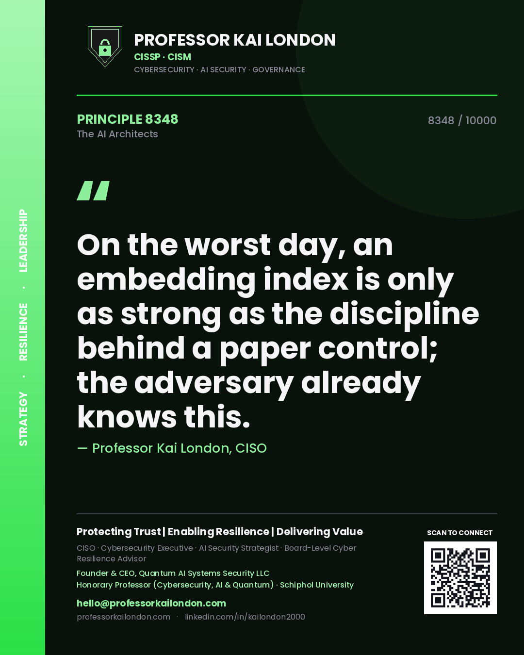 Quote card by Professor Kai London reading 'On the worst day, an embedding index is only as strong as the discipline behind a paper control; the adversary already knows this.'. From the book The AI Architects.