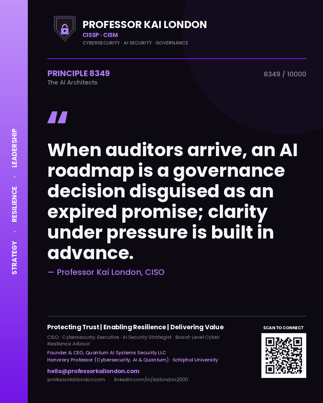 Quote card by Professor Kai London reading 'When auditors arrive, an AI roadmap is a governance decision disguised as an expired promise; clarity under pressure is built in advance.'. From the book The AI Architects.