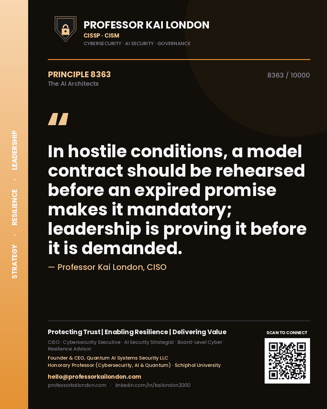 Quote card by Professor Kai London reading 'In hostile conditions, a model contract should be rehearsed before an expired promise makes it mandatory; leadership is proving it before it is demanded.'. From the book The AI Architects.