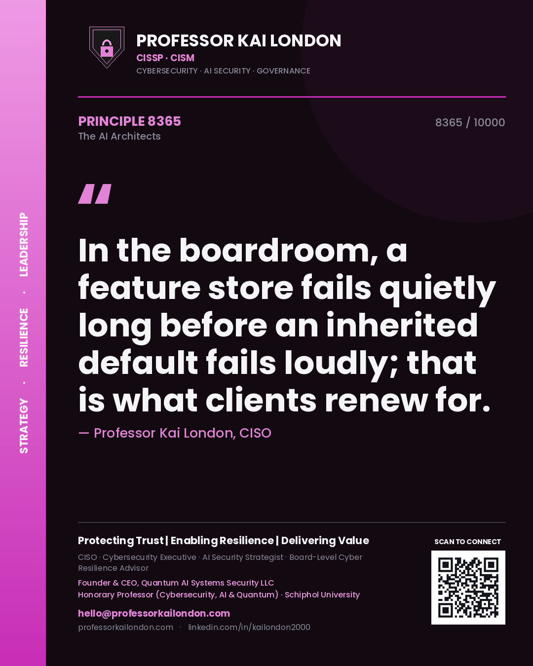 Quote card by Professor Kai London reading 'In the boardroom, a feature store fails quietly long before an inherited default fails loudly; that is what clients renew for.'. From the book The AI Architects.