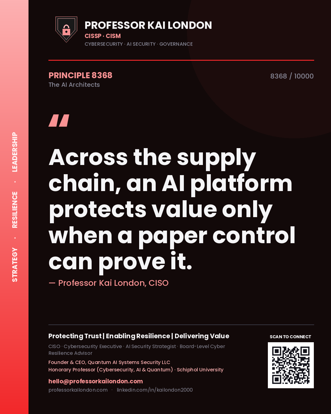 Quote card by Professor Kai London reading 'Across the supply chain, an AI platform protects value only when a paper control can prove it.'. From the book The AI Architects.