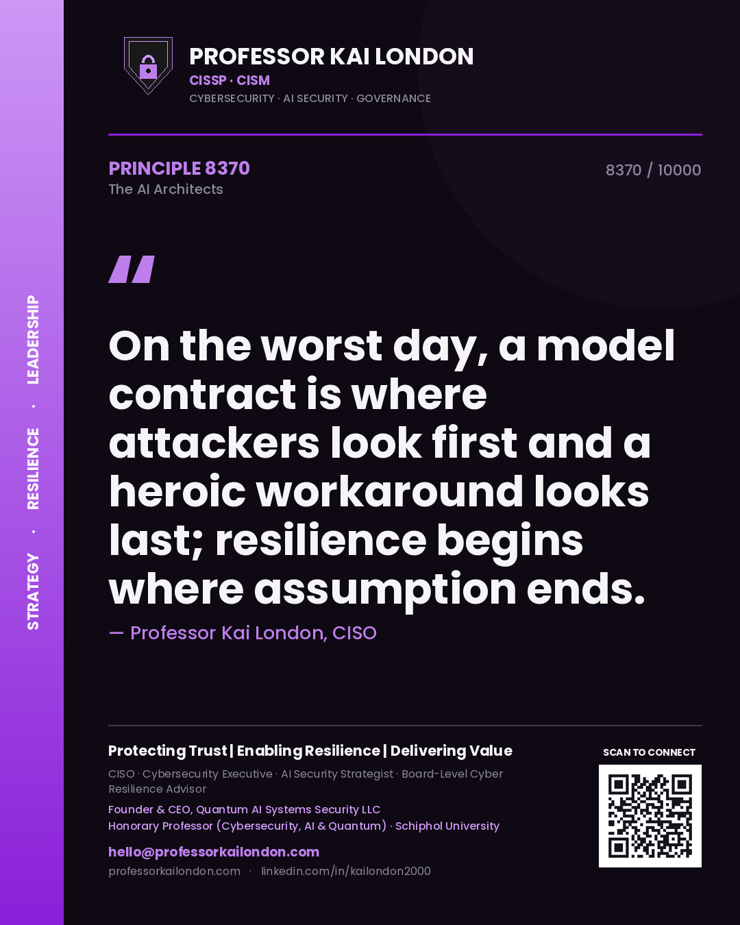 Professor Kai London principle 8370: On the worst day, a model contract is where attackers look first and a heroic workaround looks last; resilience begins where assumption ends.
