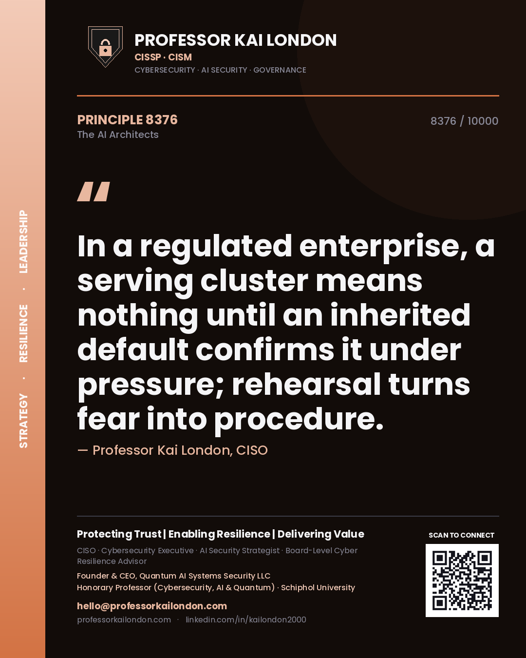 Quote card by Professor Kai London reading 'In a regulated enterprise, a serving cluster means nothing until an inherited default confirms it under pressure; rehearsal turns fear into procedure.'. From the book The AI Architects.