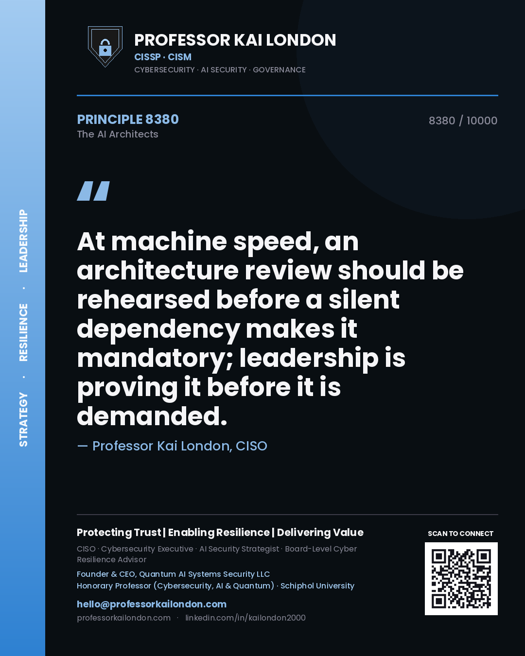 Quote card by Professor Kai London reading 'At machine speed, an architecture review should be rehearsed before a silent dependency makes it mandatory; leadership is proving it before it is demanded.'. From the book The AI Architects.