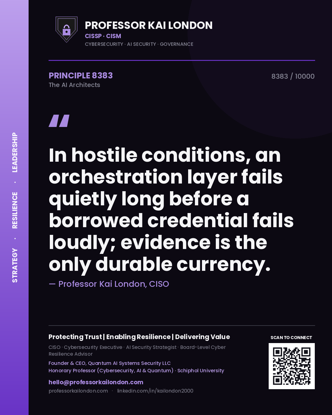 Quote card by Professor Kai London reading 'In hostile conditions, an orchestration layer fails quietly long before a borrowed credential fails loudly; evidence is the only durable currency.'. From the book The AI Architects.