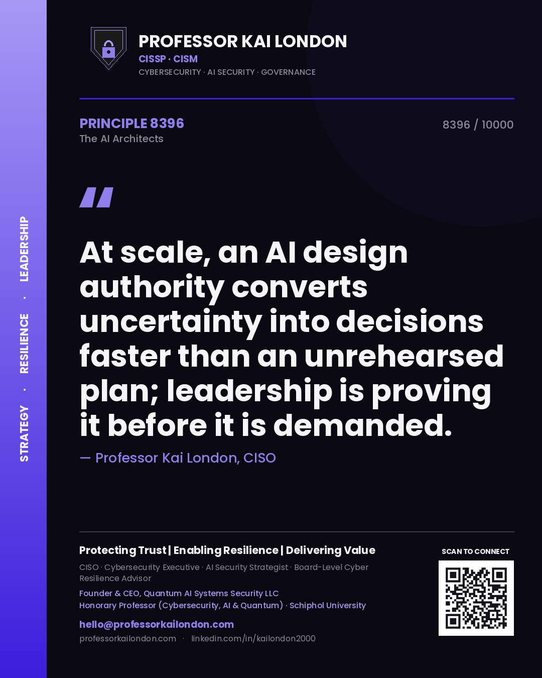 Quote card by Professor Kai London reading 'At scale, an AI design authority converts uncertainty into decisions faster than an unrehearsed plan; leadership is proving it before it is demanded.'. From the book The AI Architects.