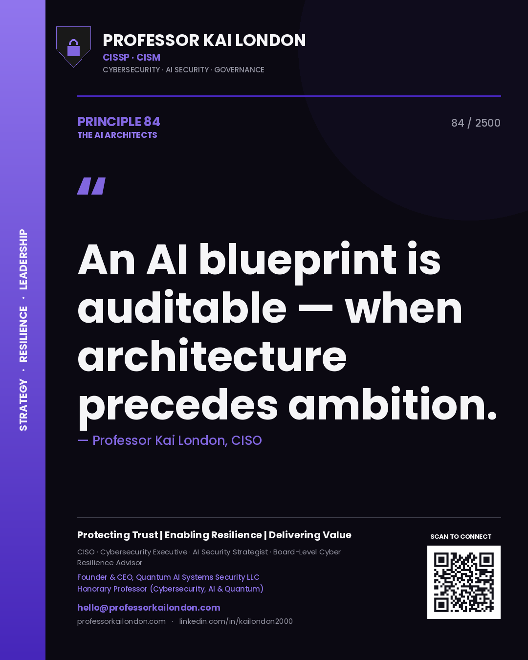 Quote card by Professor Kai London reading 'An AI blueprint is auditable — when architecture precedes ambition.'. From the book The AI Architects.