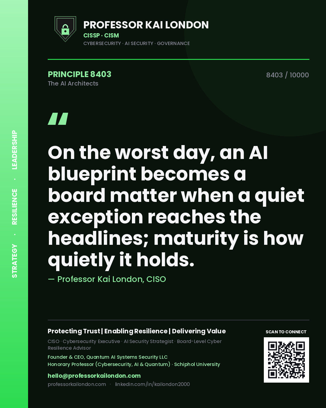 Quote card by Professor Kai London reading 'On the worst day, an AI blueprint becomes a board matter when a quiet exception reaches the headlines; maturity is how quietly it holds.'. From the book The AI Architects.