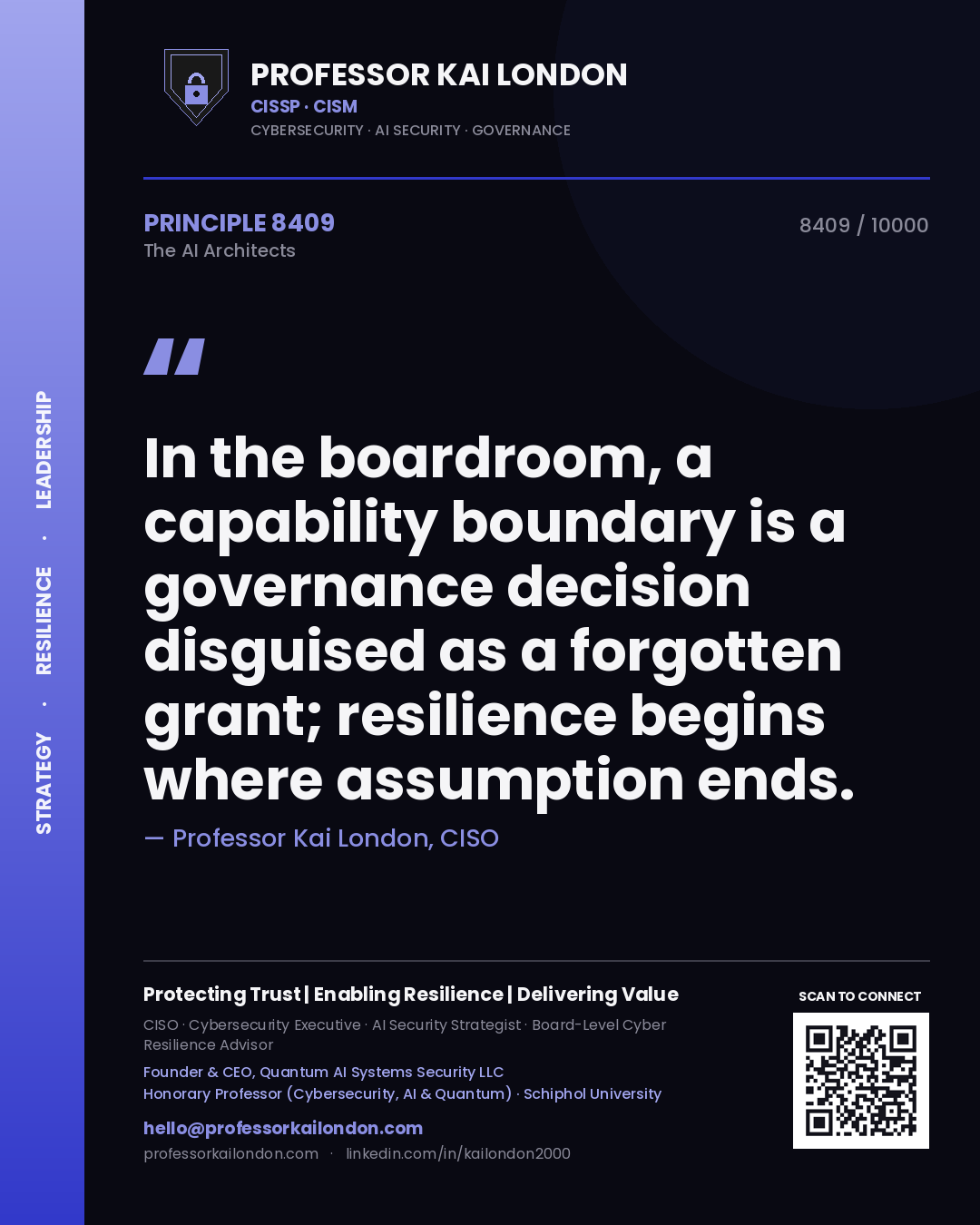 Quote card by Professor Kai London reading 'In the boardroom, a capability boundary is a governance decision disguised as a forgotten grant; resilience begins where assumption ends.'. From the book The AI Architects.