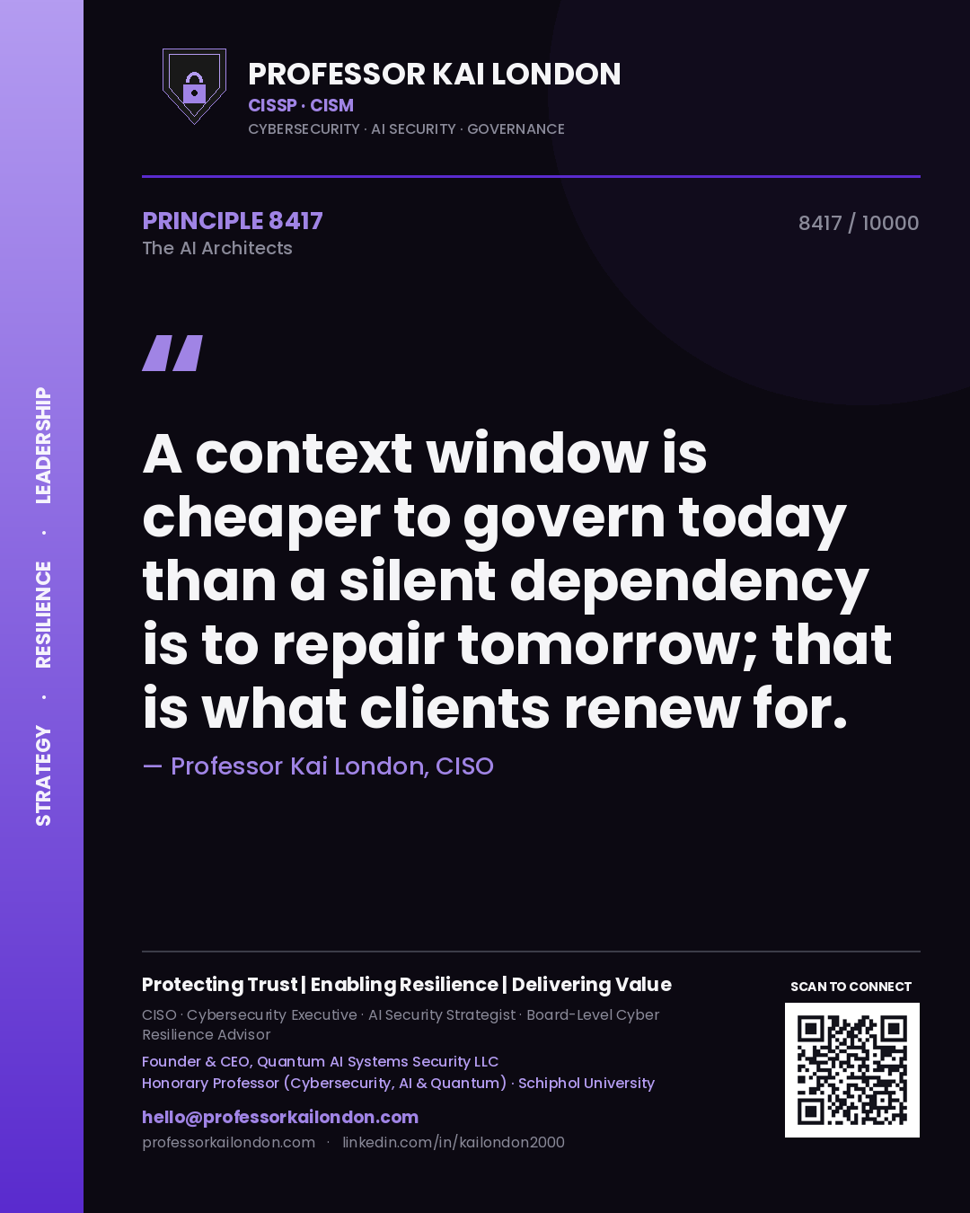 Quote card by Professor Kai London reading 'A context window is cheaper to govern today than a silent dependency is to repair tomorrow; that is what clients renew for.'. From the book The AI Architects.