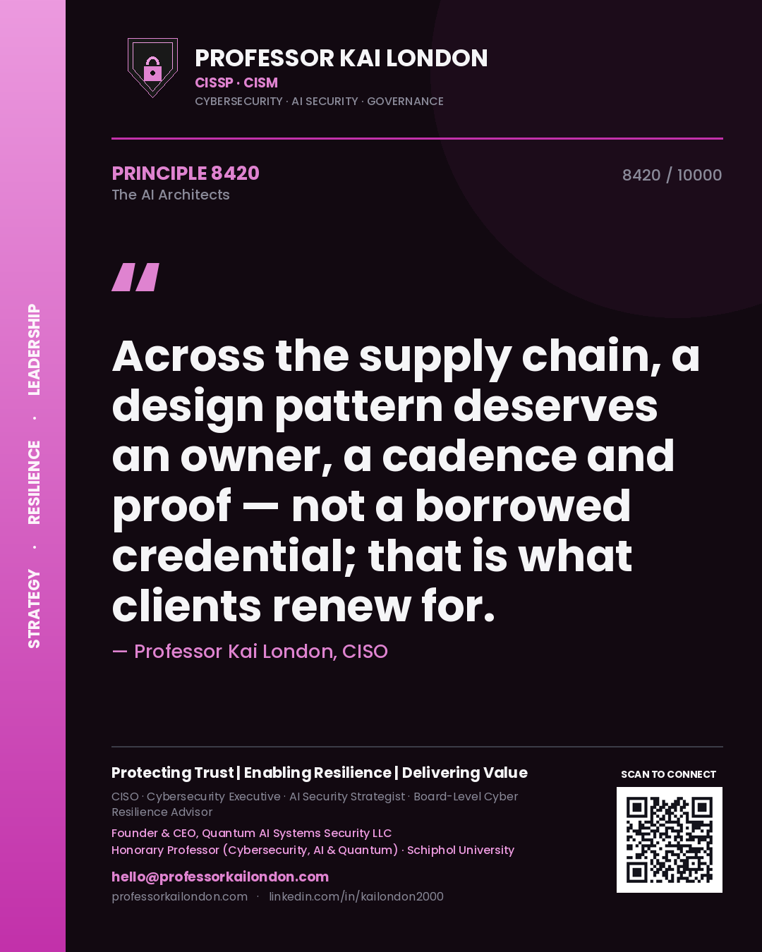 Quote card by Professor Kai London reading 'Across the supply chain, a design pattern deserves an owner, a cadence and proof — not a borrowed credential; that is what clients renew for.'. From the book The AI Architects.
