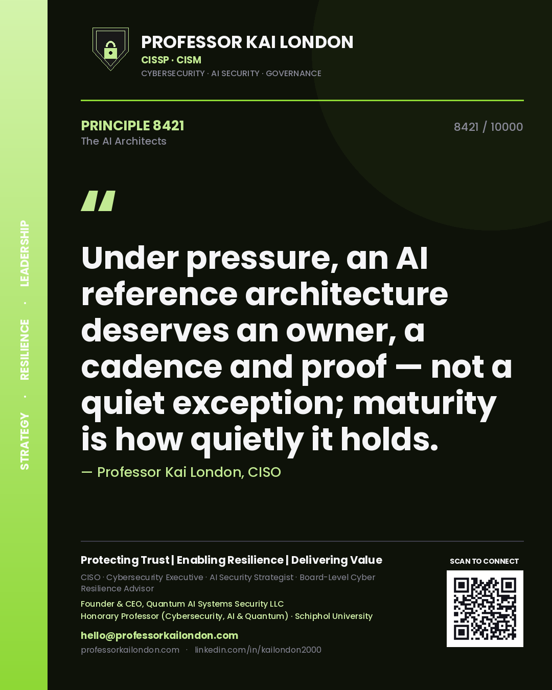 Quote card by Professor Kai London reading 'Under pressure, an AI reference architecture deserves an owner, a cadence and proof — not a quiet exception; maturity is how quietly it holds.'. From the book The AI Architects.