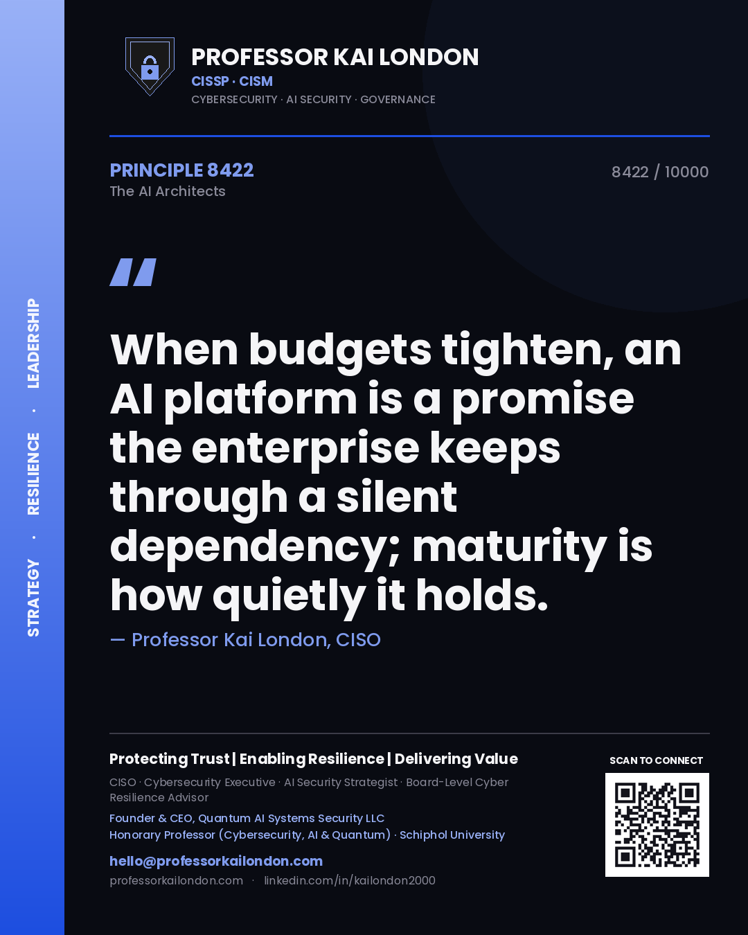 Quote card by Professor Kai London reading 'When budgets tighten, an AI platform is a promise the enterprise keeps through a silent dependency; maturity is how quietly it holds.'. From the book The AI Architects.