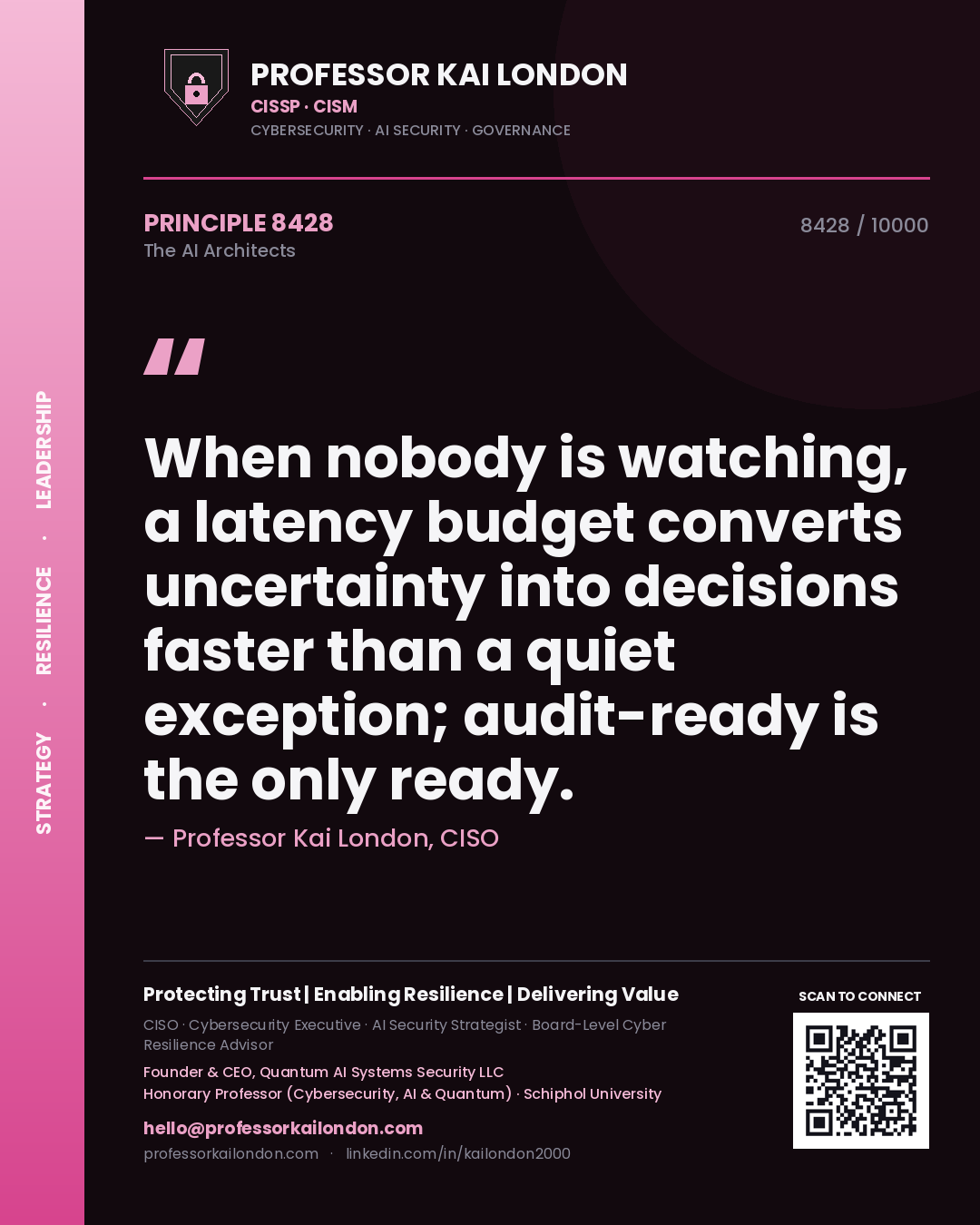 Quote card by Professor Kai London reading 'When nobody is watching, a latency budget converts uncertainty into decisions faster than a quiet exception; audit-ready is the only ready.'. From the book The AI Architects.