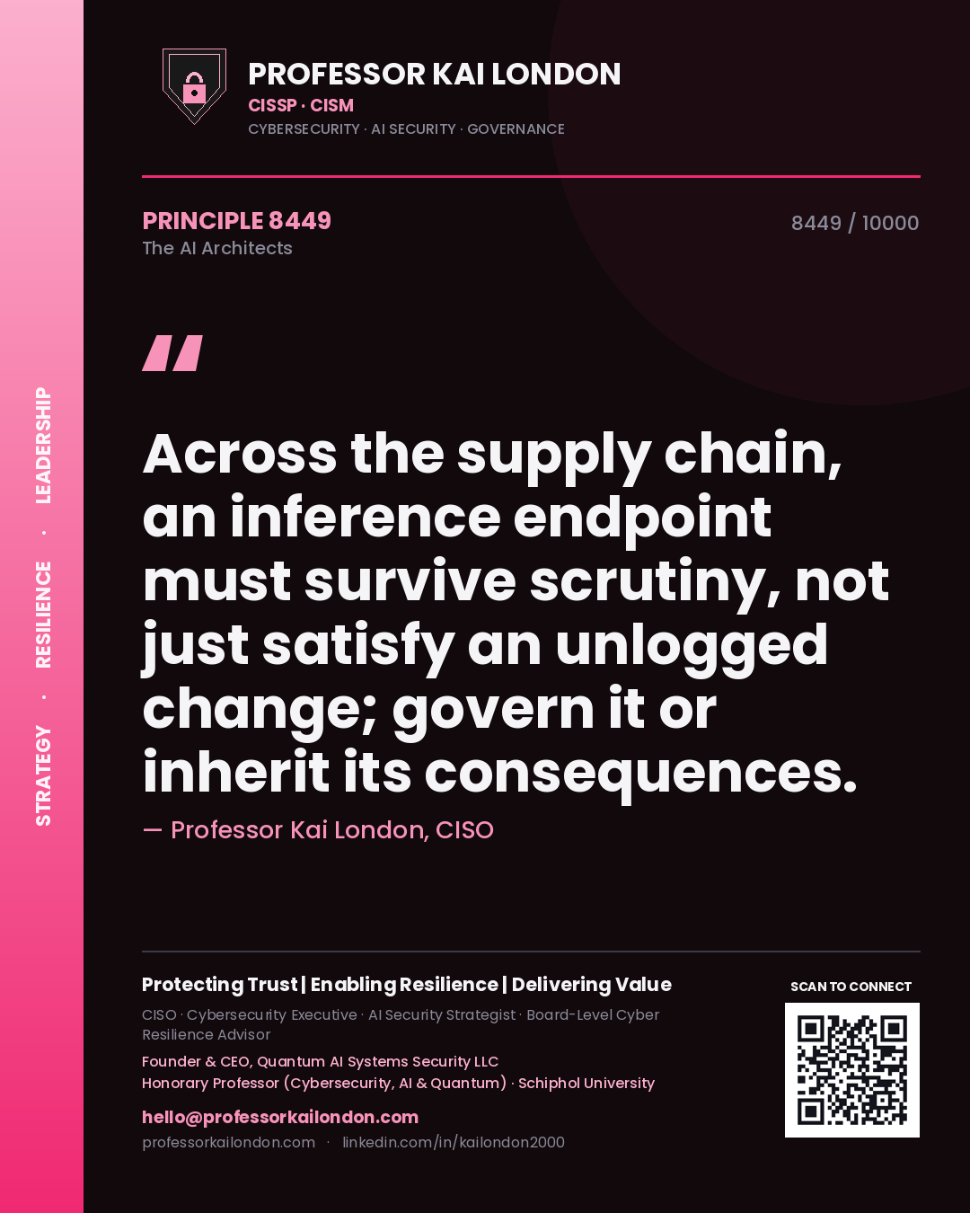 Quote card by Professor Kai London reading 'Across the supply chain, an inference endpoint must survive scrutiny, not just satisfy an unlogged change; govern it or inherit its consequences.'. From the book The AI Architects.