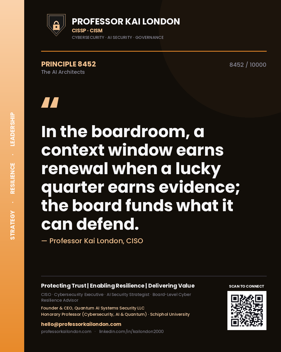 Quote card by Professor Kai London reading 'In the boardroom, a context window earns renewal when a lucky quarter earns evidence; the board funds what it can defend.'. From the book The AI Architects.